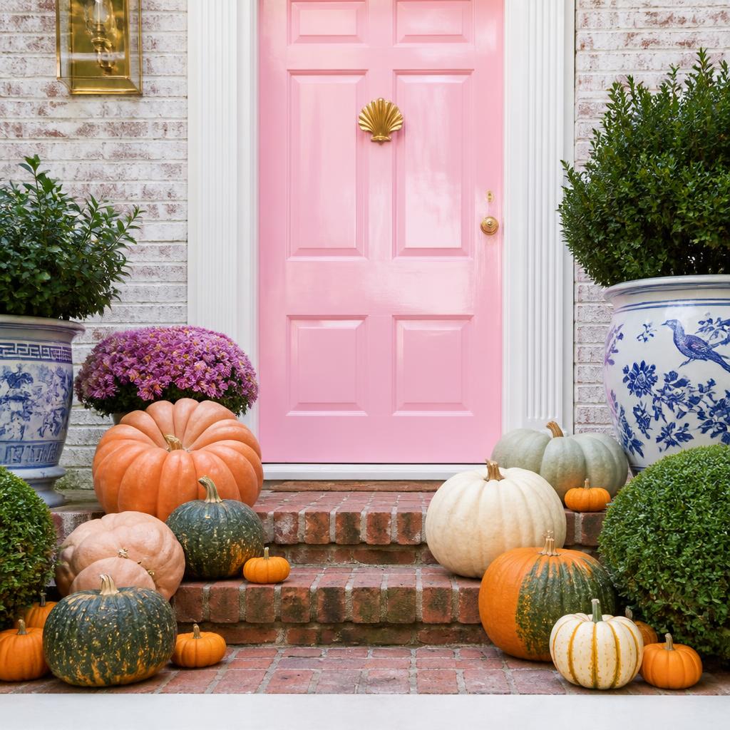 Pink front door Pumpkin Porch with heirloom pumpkins and blue and white planters