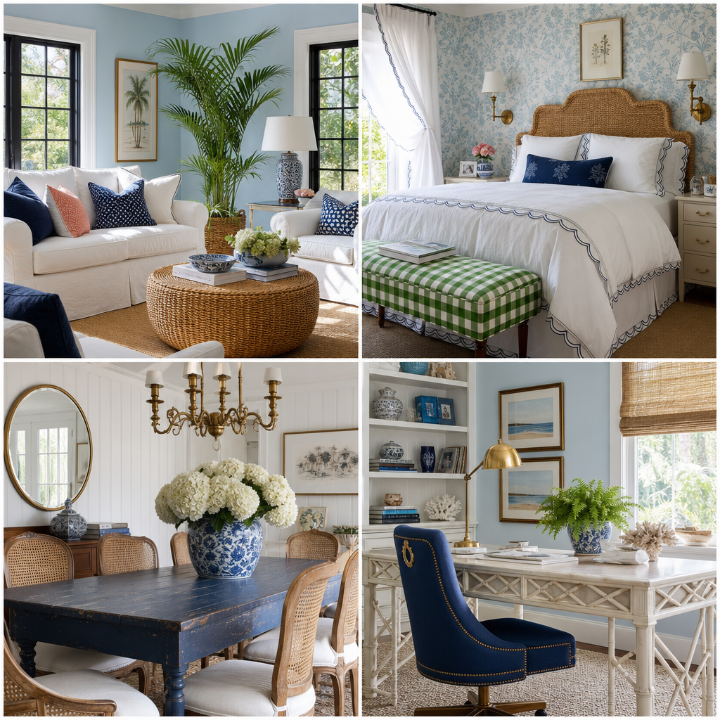 Collage of preppy Palm Beach coastal interiors