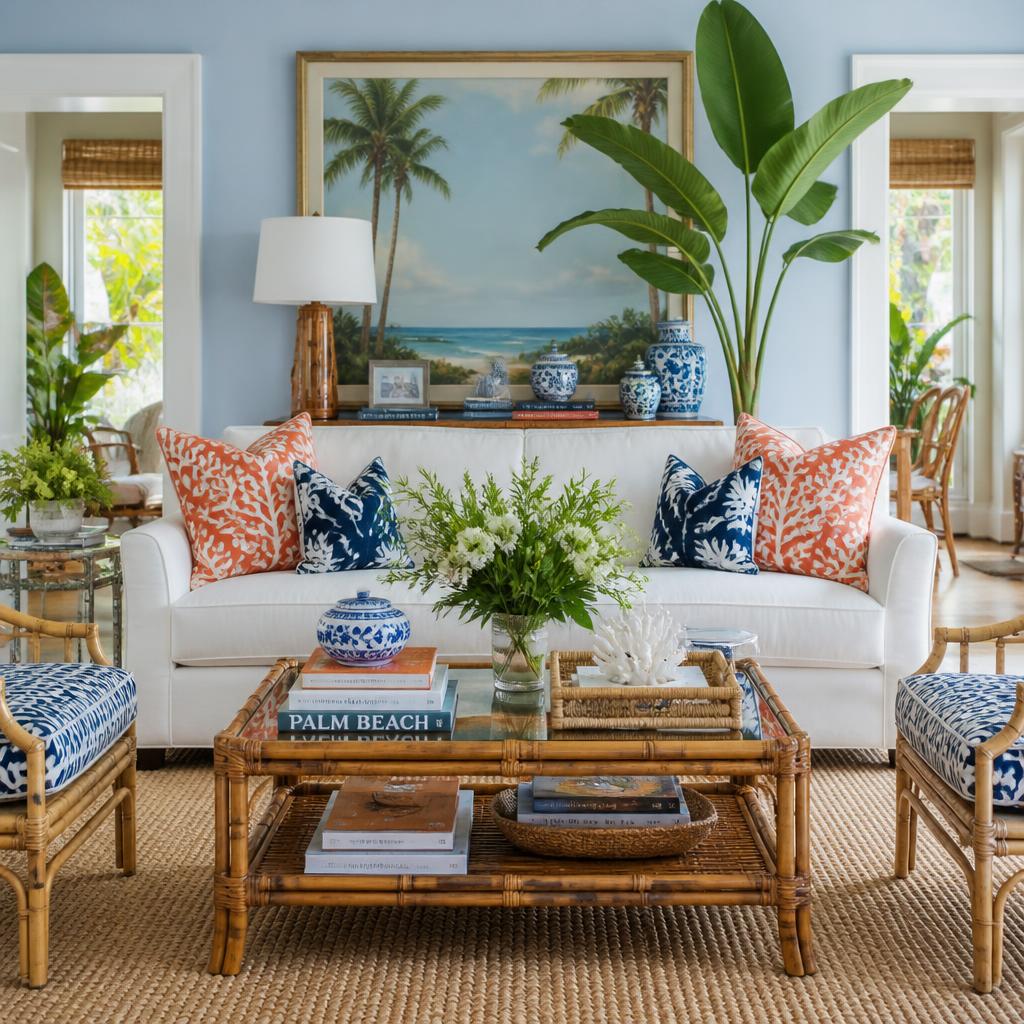 Bright Palm Beach coastal living room with white sofa, coral and navy pillows and bamboo coffee table