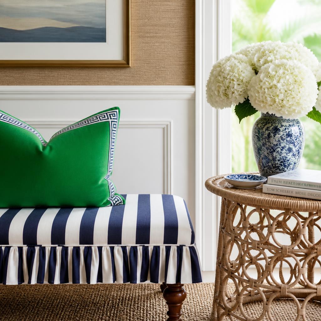 Preppy Palm Beach interior vignette with navy striped bench, kelly green pillow and rattan table
