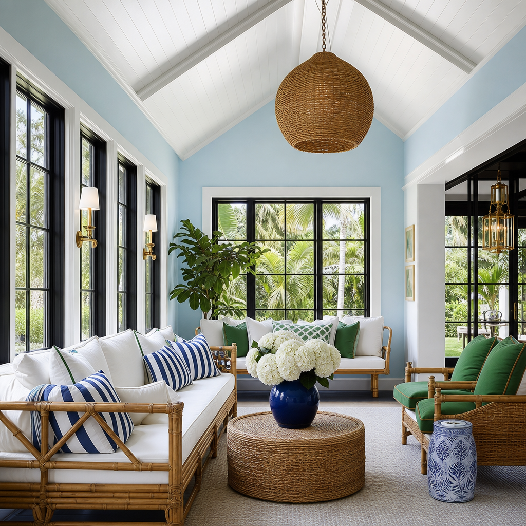 Bright preppy Palm Beach sun room with light blue walls, rattan furniture, navy and white striped pillows, a round wicker coffee table, white hydrangeas, and tropical greenery visible through black-framed windows