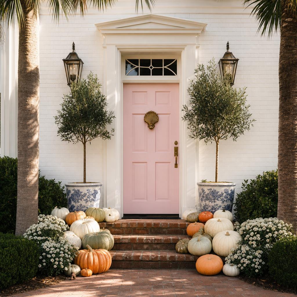 Pink front door porch with heirloom pumpkins and blue-and-white pots