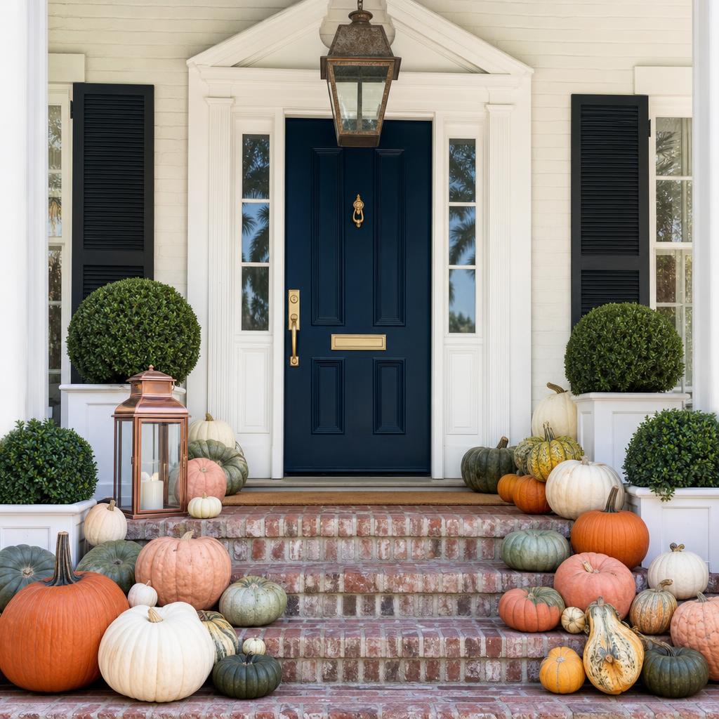 Autumn Pumpkin Porch on a navy-door colonial home with 20–25 layered pumpkins and a copper lantern