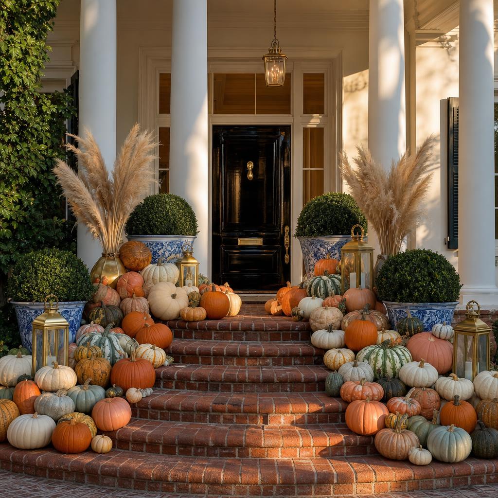 Designer Pumpkin Porch on a grand white-columned estate with a black door, 70–75 premium pumpkins, brass lanterns, pampas grass and blue-and-white planters