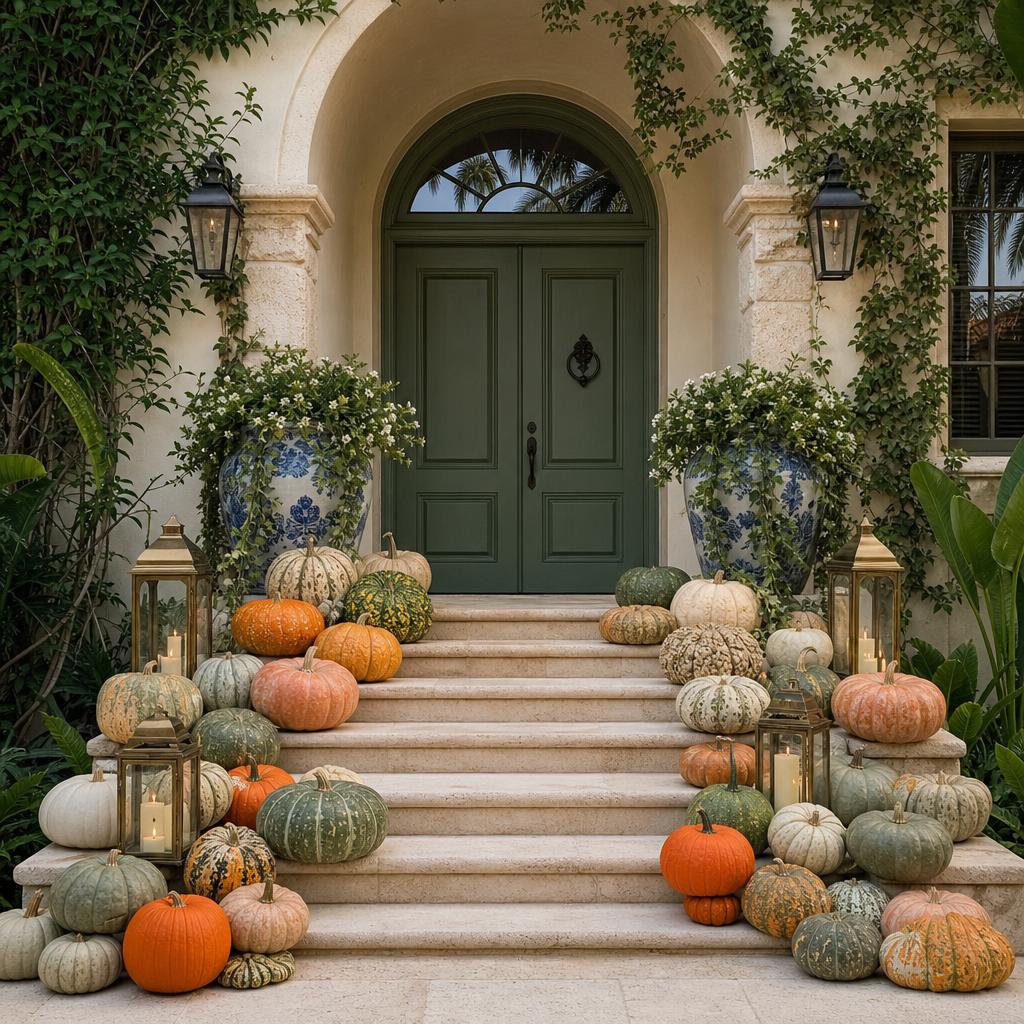 Harvest Pumpkin Porch on a sage-green arched Mediterranean entry with 35–40 cascading pumpkins and brass lanterns