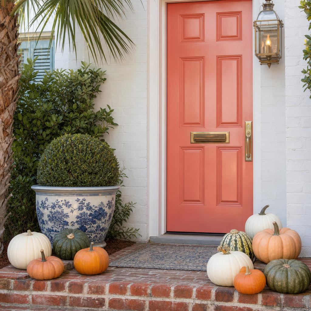 Petite Pumpkin Porch on a coral-door cottage entry with 10–15 heirloom pumpkins and a blue-and-white planter